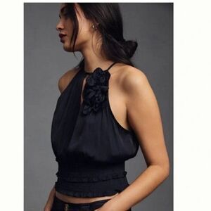 Anthropologie Floral Silky Halter 3 D Flowers Top Women's Black Size Medium NWT